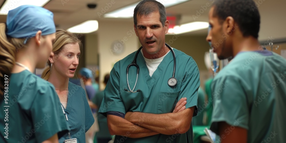 A group of healthcare professionals in scrubs discussing patient care, emphasizing medical expertise and teamwork A group of healthcare professionals in scrubs discussing patient care, emphasizing medical expertise and teamwork