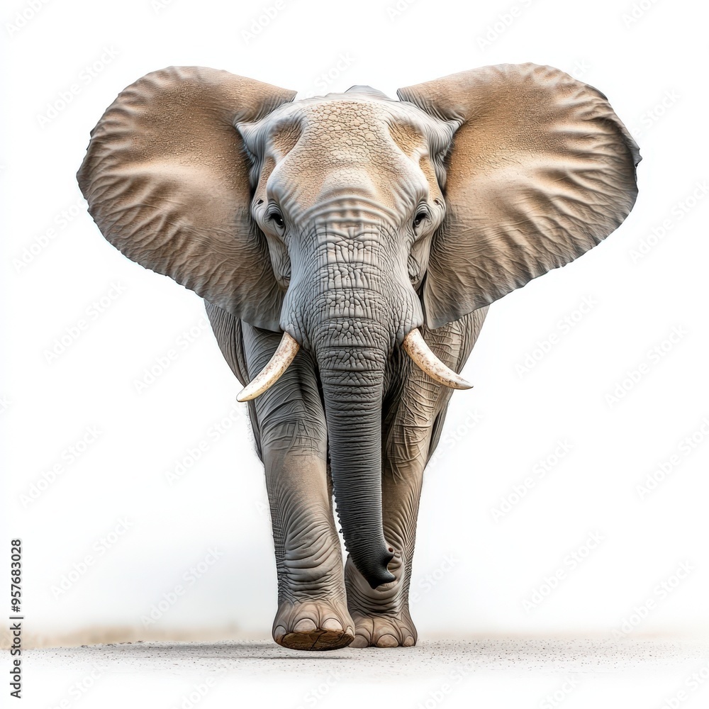 Obraz premium A majestic elephant walking towards the viewer, showcasing its impressive size and detailed features against a clean background.