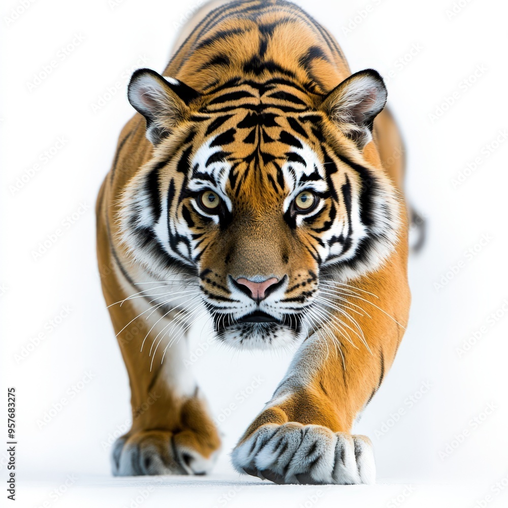 Obraz premium A majestic tiger prowling forward with an intense gaze, showcasing its striking orange and black stripes against a clean background.