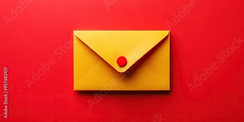 Yellow envelope with red exclamation point on red background in wide angle shot photo