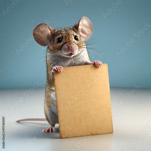 3D Render of a brown mouse holding a book. photo