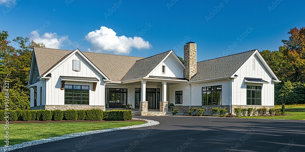 cozy single-story home with driveway in West Virginia, simple modern design with white walls and a beige shingle roof, stone chimney, large front yard with low hedges, blue sky cozy single-story home with driveway in West Virginia, simple modern design with white walls and a beige shingle roof, stone chimney, large front yard with low hedges, blue sky