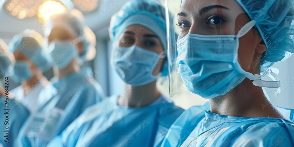 Medical team in scrubs and masks preparing for surgery in a sterile operating theater environment Medical team in scrubs and masks preparing for surgery in a sterile operating theater environment