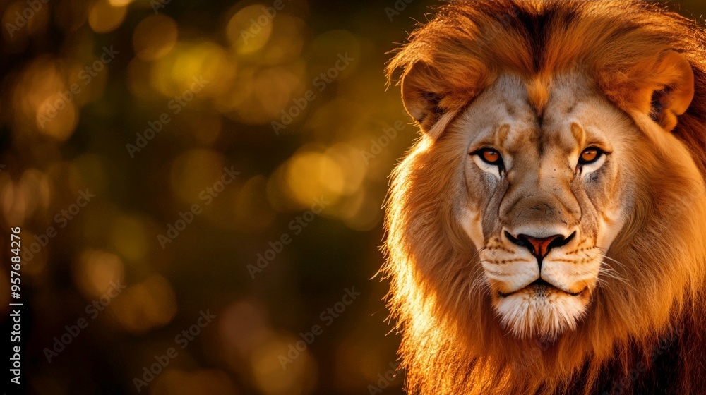 Fototapeta premium Majestic lion with a golden mane gazing intently in the warm light of sunset in the savannah.