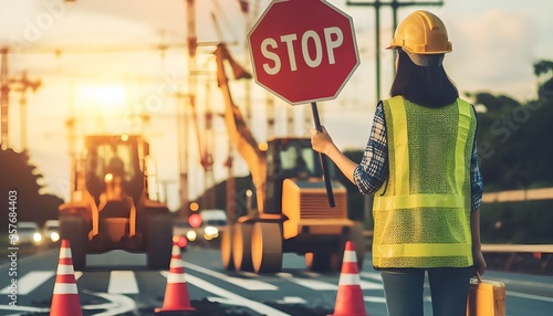 Construction worker holding a stop sign and ensuring safety measures at a roadwork zone.  – Generative AI