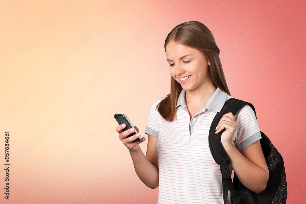 Happy young woman hold mobile cell phone Happy young woman hold mobile cell phone