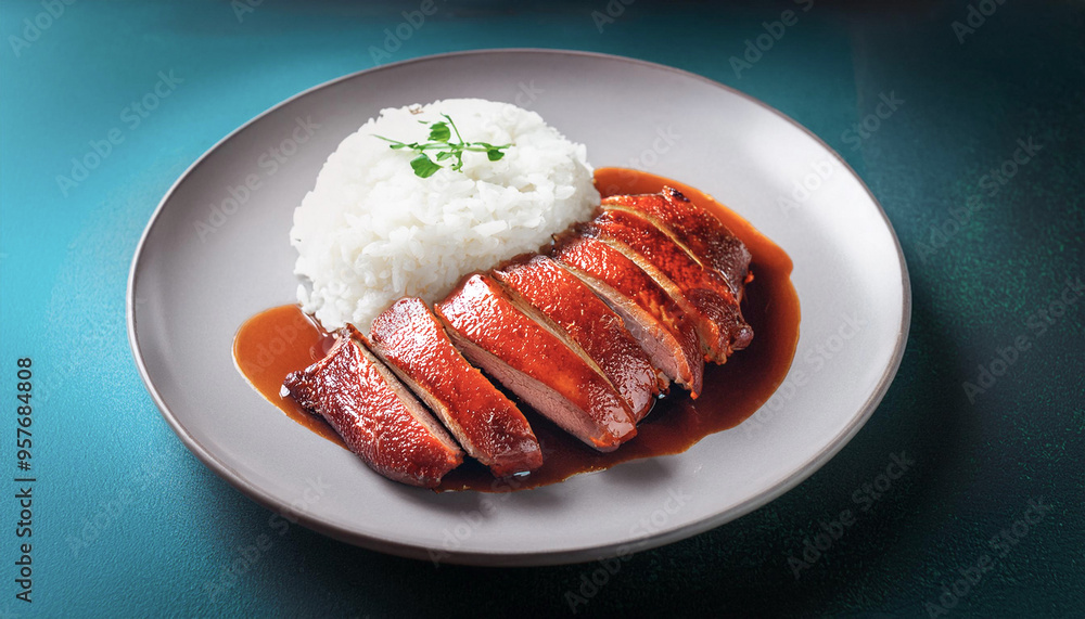 Roast duck is a popular dish. Roast duck is served on a plate of rice, ready to eat.