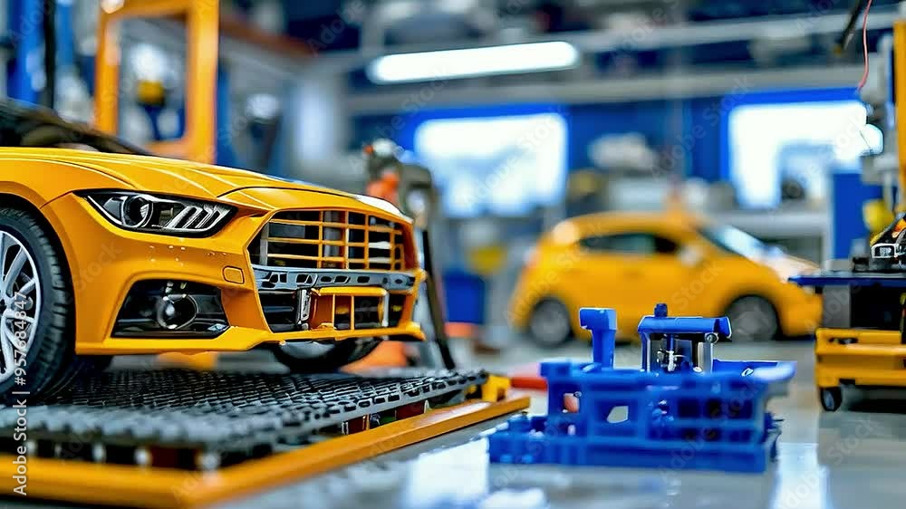 a car on a workbench with a blue toy car and a yellow car in the background a car on a workbench with a blue toy car and a yellow car in the background