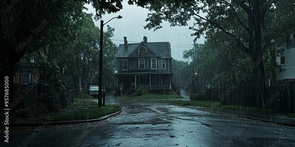 Fototapeta premium A rainy street with a house in the background. 