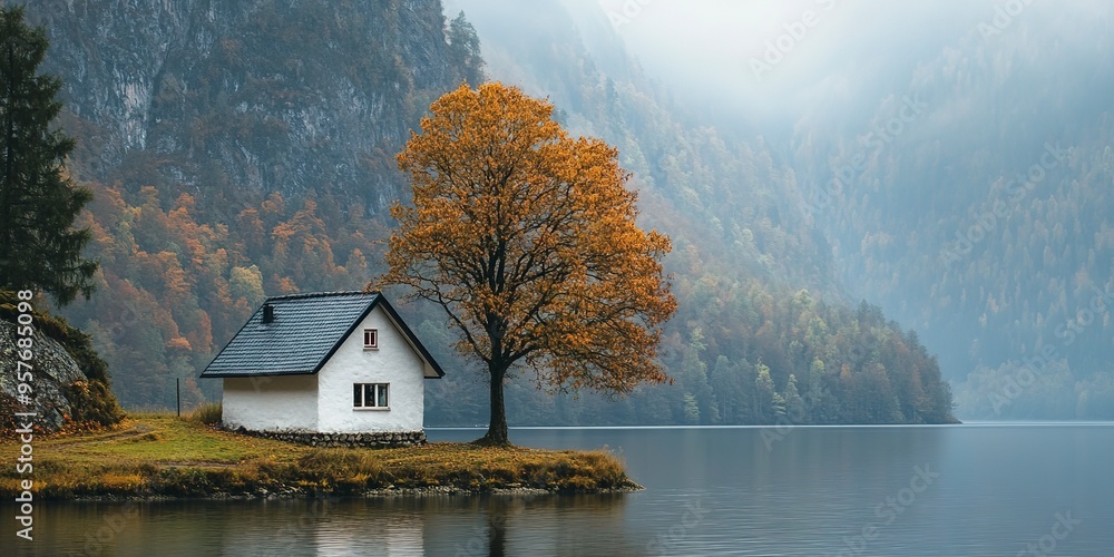 Fototapeta premium White cottage next to a lone tree at the lake 