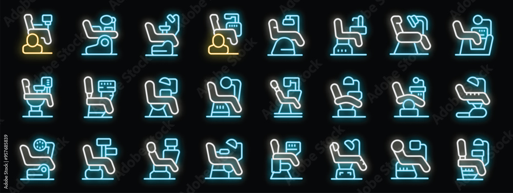 Bright neon icons depicting various dentist chairs with adjustable headrests and footrests, illuminating the concept of modern dental care Bright neon icons depicting various dentist chairs with adjustable headrests and footrests, illuminating the concept of modern dental care