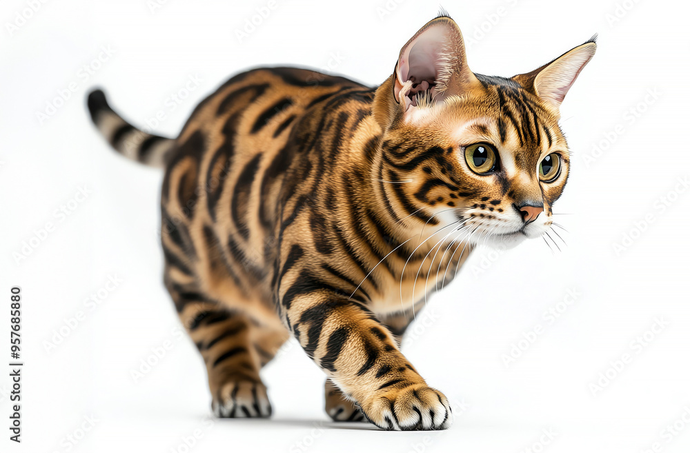 A majestic Bengal cat walking gracefully on a white background, showcasing its distinctive coat and playful nature. A majestic Bengal cat walking gracefully on a white background, showcasing its distinctive coat and playful nature.