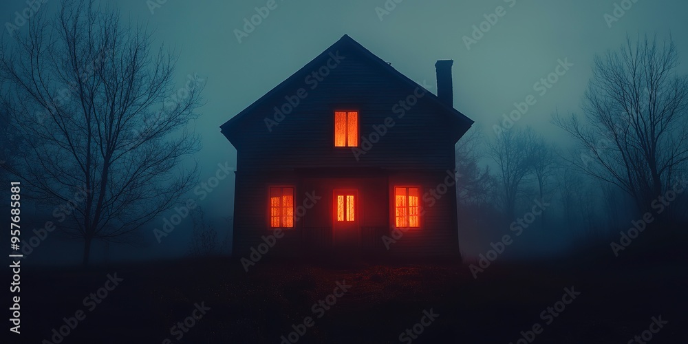 eerie house with glowing windows at night eerie house with glowing windows at night
