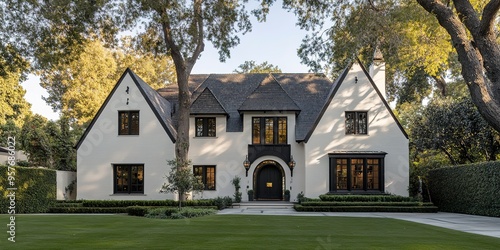 the front view exterior, white brick home with dark wood accents and gable roof in beverly hills california. large oak trees surround house