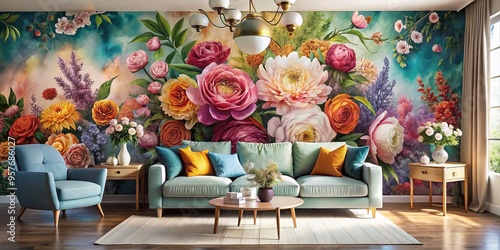 A kaleidoscope of colors bursts forth from the floral artwork, imbuing the living room with a sense of photo