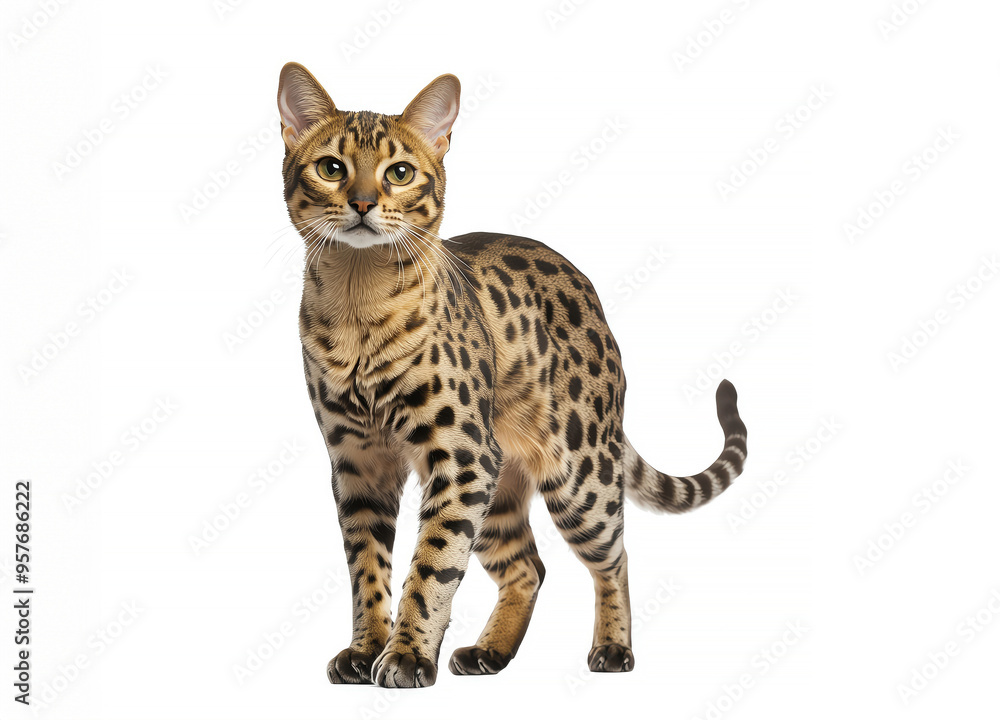 Obraz premium A stunning Bengal cat with striking spots, showcasing its graceful posture and vibrant personality against a clean background.
