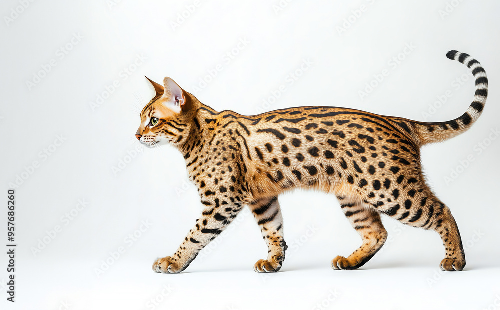 Fototapeta premium A majestic Bengal cat gracefully walking with its striking spotted coat against a clean white background.
