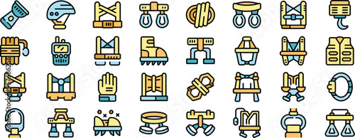 Set of colorful icons representing various safety equipment and accessories used in construction and other industries for working at height
