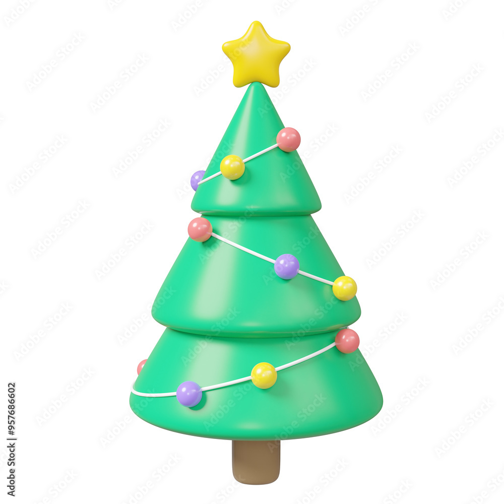 3D illustration with Christmas tree icon with decorated stars and decorative balls conveying a colorful festive atmosphere isolated on transparent background. 3D illustration with Christmas tree icon with decorated stars and decorative balls conveying a colorful festive atmosphere isolated on transparent background.