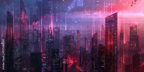 A futuristic cityscape with holographic music notes floating above the buildings, blending technology and musical creativity