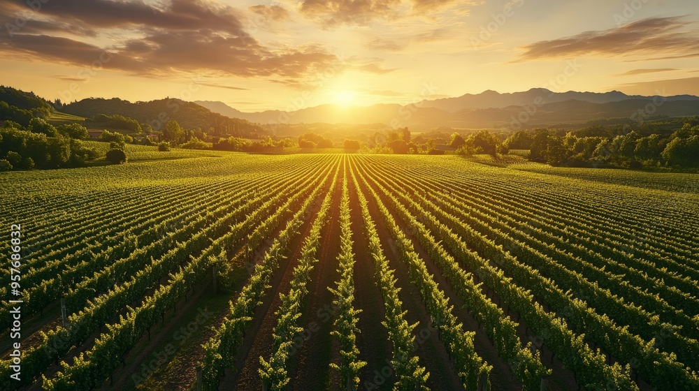 Scenic view of a sprawling vineyard at sunrise, with rows of grapevines extending into the distance against a backdrop of rolling hills. Scenic view of a sprawling vineyard at sunrise, with rows of grapevines extending into the distance against a backdrop of rolling hills.