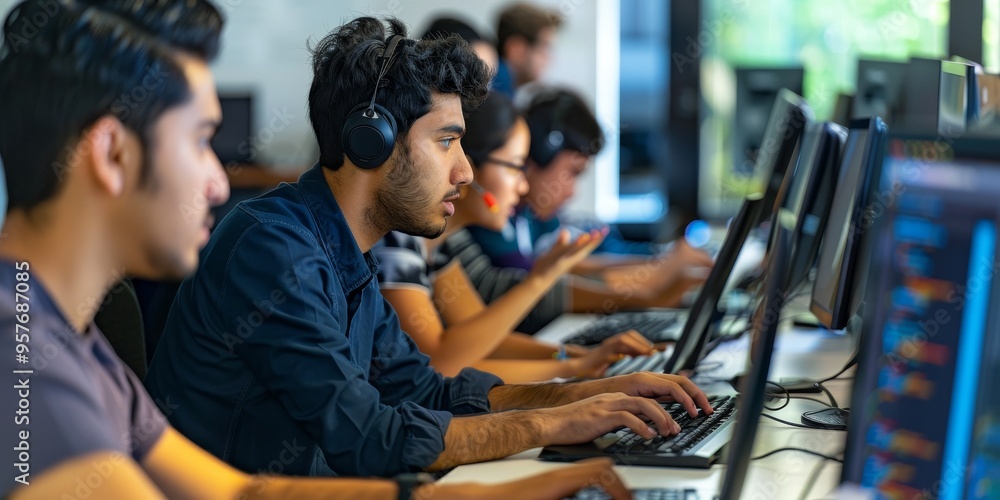 A group of developers participating in a coding challenge as part of their program training, demonstrating problem-solving skills and competitiveness A group of developers participating in a coding challenge as part of their program training, demonstrating problem-solving skills and competitiveness