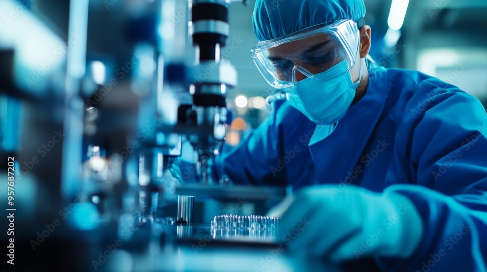 Scientist in protective suit working in a laboratory, performing research using advanced technology in a controlled environment. Scientist in protective suit working in a laboratory, performing research using advanced technology in a controlled environment.