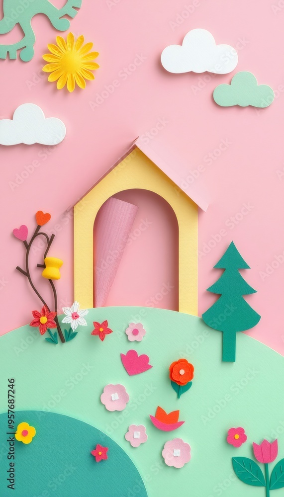 Papercraft house with trees and flowers on a pink background. Papercraft house with trees and flowers on a pink background.