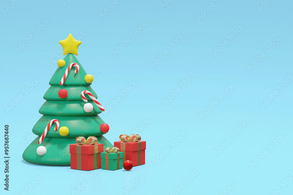 3D illustration with a Christmas tree decorated with stars. Ball with a gift box next to it on a blue background The atmosphere is lovely and bright during the Christmas season. 3D illustration with a Christmas tree decorated with stars. Ball with a gift box next to it on a blue background The atmosphere is lovely and bright during the Christmas season.