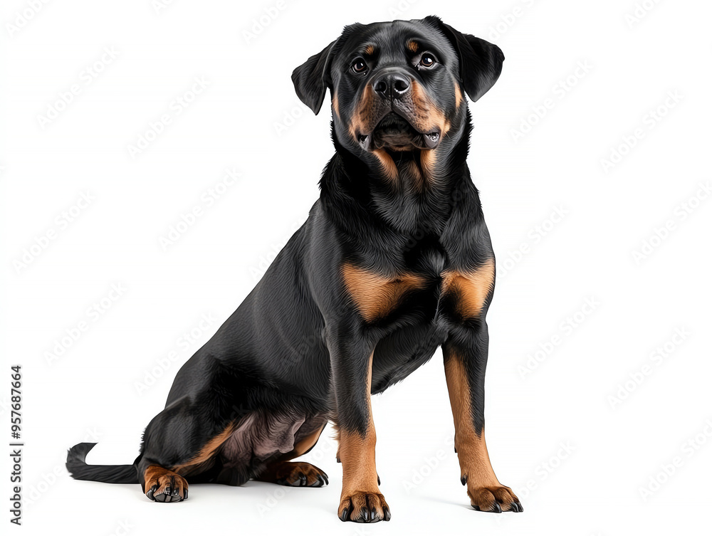 Fototapeta premium A strong and loyal Rottweiler sitting confidently against a clean white background, showcasing its distinctive black and tan coat.