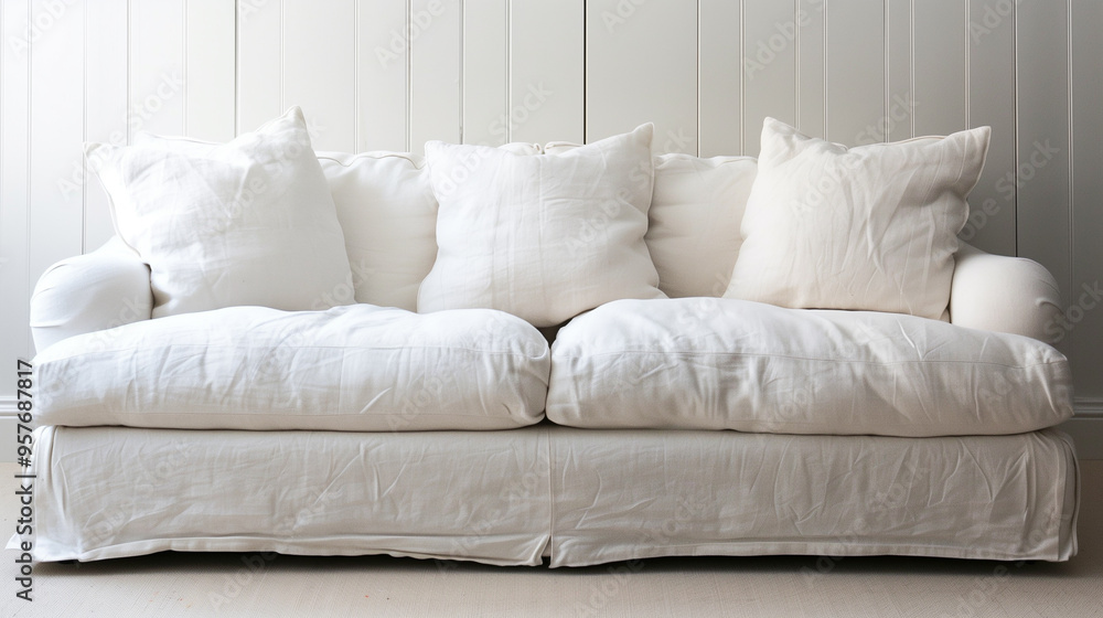 Coastal living room with a shiplap wall behind a white slipcovered sofa. interior design concept
Coastal living room with a shiplap wall behind a white slipcovered sofa. interior design concept