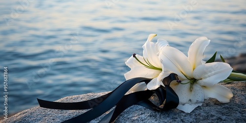Fototapeta Naklejka Na Ścianę i Meble -  Black funeral ribbon and white lily flowers on a rock by the calm sea 