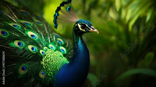 Stunning portrait of a vibrant peacock showcasing its colorful plumage against a lush green background in a tropical setting.