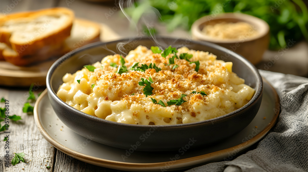 A steaming plate of classic macaroni and cheese with a crispy breadcrumb topping, garnished with fresh herbs, presented on a rustic table with a side of garlic bread and a linen napkin, bathed in A steaming plate of classic macaroni and cheese with a crispy breadcrumb topping, garnished with fresh herbs, presented on a rustic table with a side of garlic bread and a linen napkin, bathed in