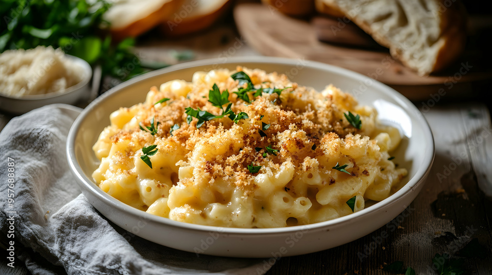A steaming plate of classic macaroni and cheese with a crispy breadcrumb topping, garnished with fresh herbs, presented on a rustic table with a side of garlic bread and a linen napkin, bathed in A steaming plate of classic macaroni and cheese with a crispy breadcrumb topping, garnished with fresh herbs, presented on a rustic table with a side of garlic bread and a linen napkin, bathed in