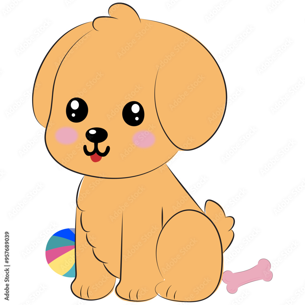 Obraz premium A fun and cute illustration of a tan puppy with big black eyes and a tiny pink tongue sitting next to a colorful ball and a pink bone.