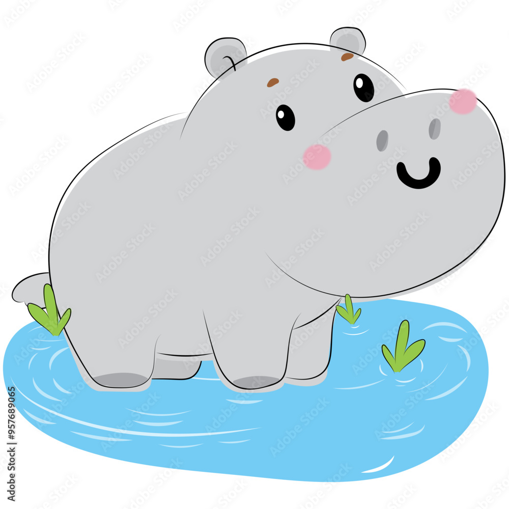 Obraz premium Cheerful cartoon hippopotamus standing in water with greenery, perfect for children’s book illustrations or educational content. The playful design and vibrant colors make it engaging and fun.