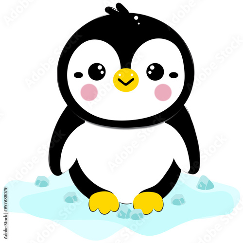 Adorable cartoon penguin on ice, perfect for children’s designs or educational content. The playful design and vibrant colors make it engaging and fun.