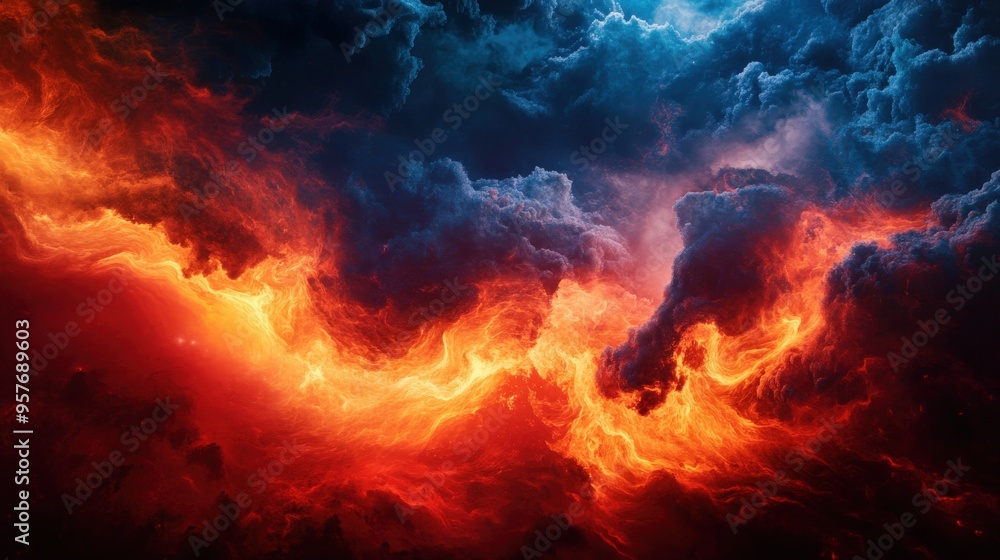 A dramatic sky filled with vibrant clouds in shades of red, orange, and blue, creating a stunning atmospheric landscape. A dramatic sky filled with vibrant clouds in shades of red, orange, and blue, creating a stunning atmospheric landscape.