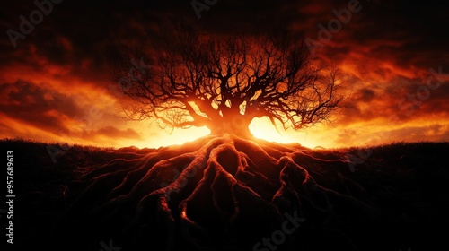 A dramatic silhouette of a tree with intricate roots against a fiery sunset sky. Perfect for themes of nature and resilience.