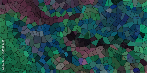 Abstract Seamless Multicolor Broken Stained-Glass Geometric Retro Tiles Pattern and Quartz Crystal Voronoi Diagram Background for Website, Fabric Printing, Brochures, Luxury/Premium Packaging	
