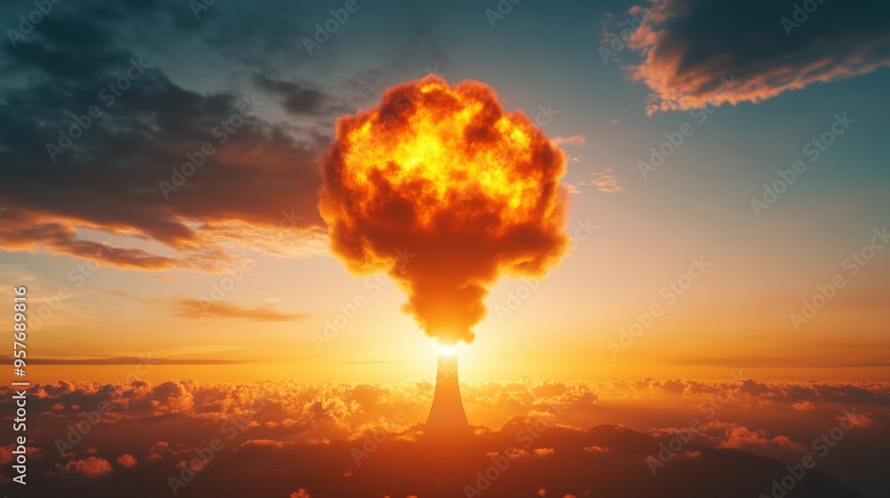 A stunning nuclear explosion under a dramatic sunset sky. Captivating clouds and fiery colors create a powerful visual experience. A stunning nuclear explosion under a dramatic sunset sky. Captivating clouds and fiery colors create a powerful visual experience.
