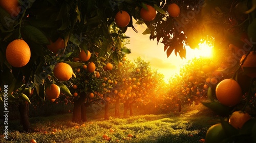 Sunset over a lush orange orchard with ripe fruits hanging from trees, casting a warm golden glow through the leaves. photo