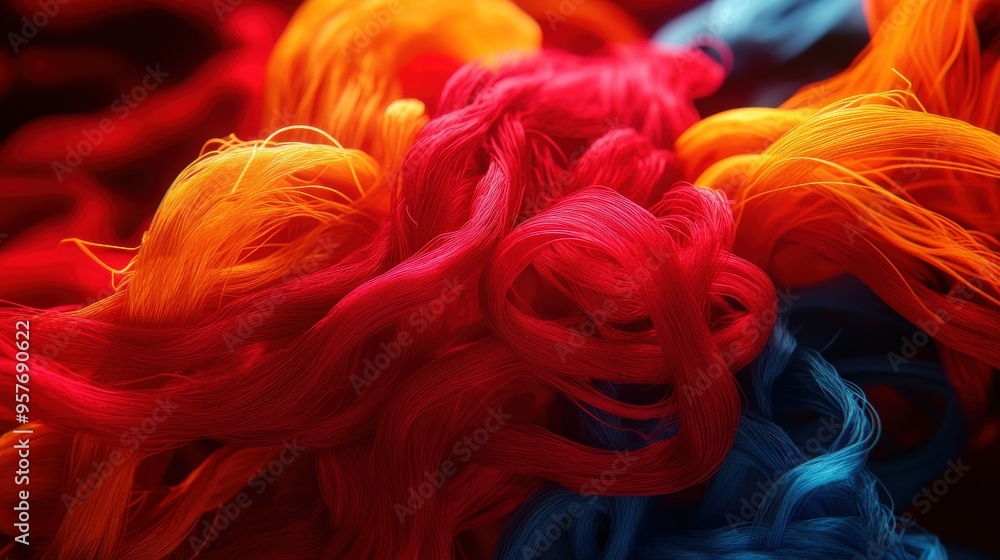 Vibrant and colorful strands of yarn create a dynamic abstract composition, perfect for artistic or creative projects.