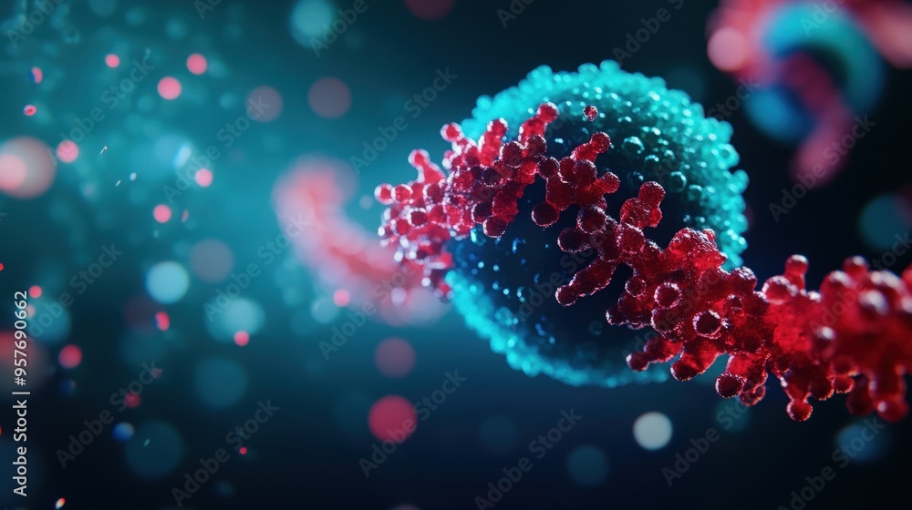 Vibrant microscopic view of a virus particle showcasing intricate details in a colorful environment. Science and health concept. Vibrant microscopic view of a virus particle showcasing intricate details in a colorful environment. Science and health concept.