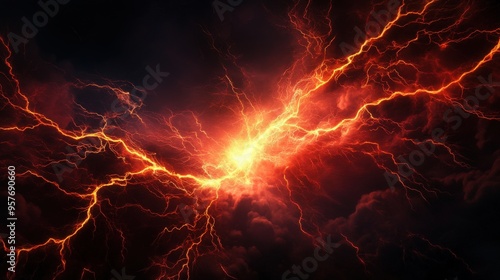 Vibrant lightning bolts illuminate a dark sky, creating an intense and dramatic atmosphere filled with energy and power.