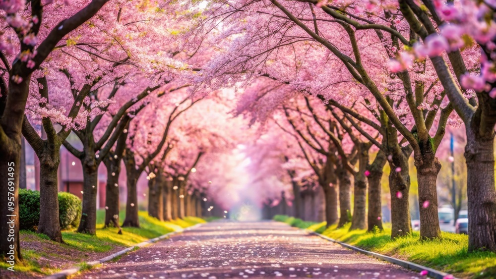 Cherry blossom petals falling on a picturesque alley lined with blooming trees , spring, cherry blossoms, alley, flowers, petals Cherry blossom petals falling on a picturesque alley lined with blooming trees , spring, cherry blossoms, alley, flowers, petals