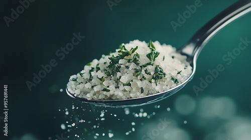 A Spoonful of Herb-Infused Sea Salt Falling Over a Green Background photo