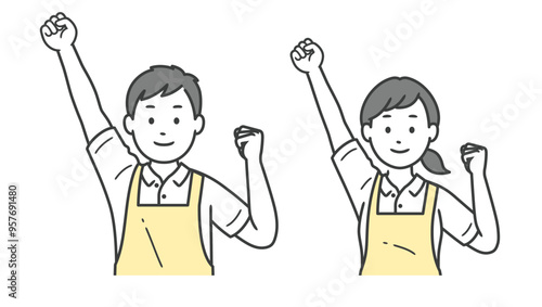 ガッツポーズをする介護士男女の上半身イラスト