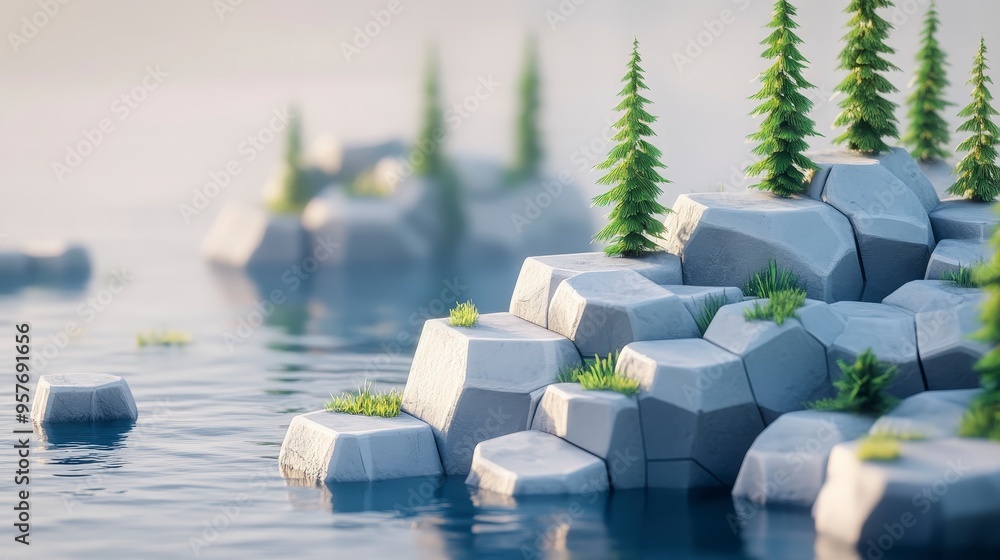 Fototapeta premium Modern Minimalist Landscape Design with Large Hexagons and Geometric Shapes